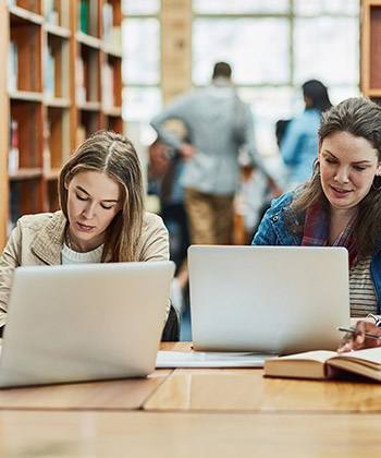 people working at laptops in a library